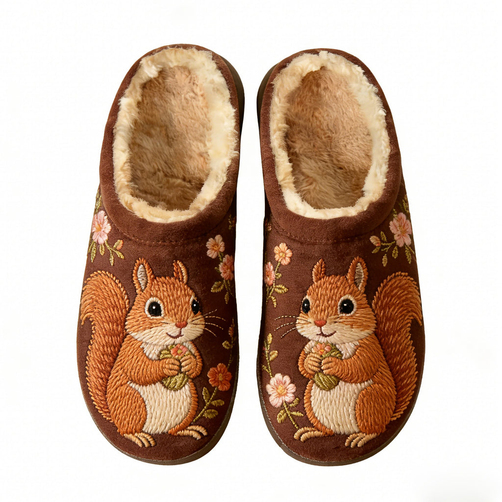 Brown Squirrel Embroidered Embroidery Plush Printed Slippers