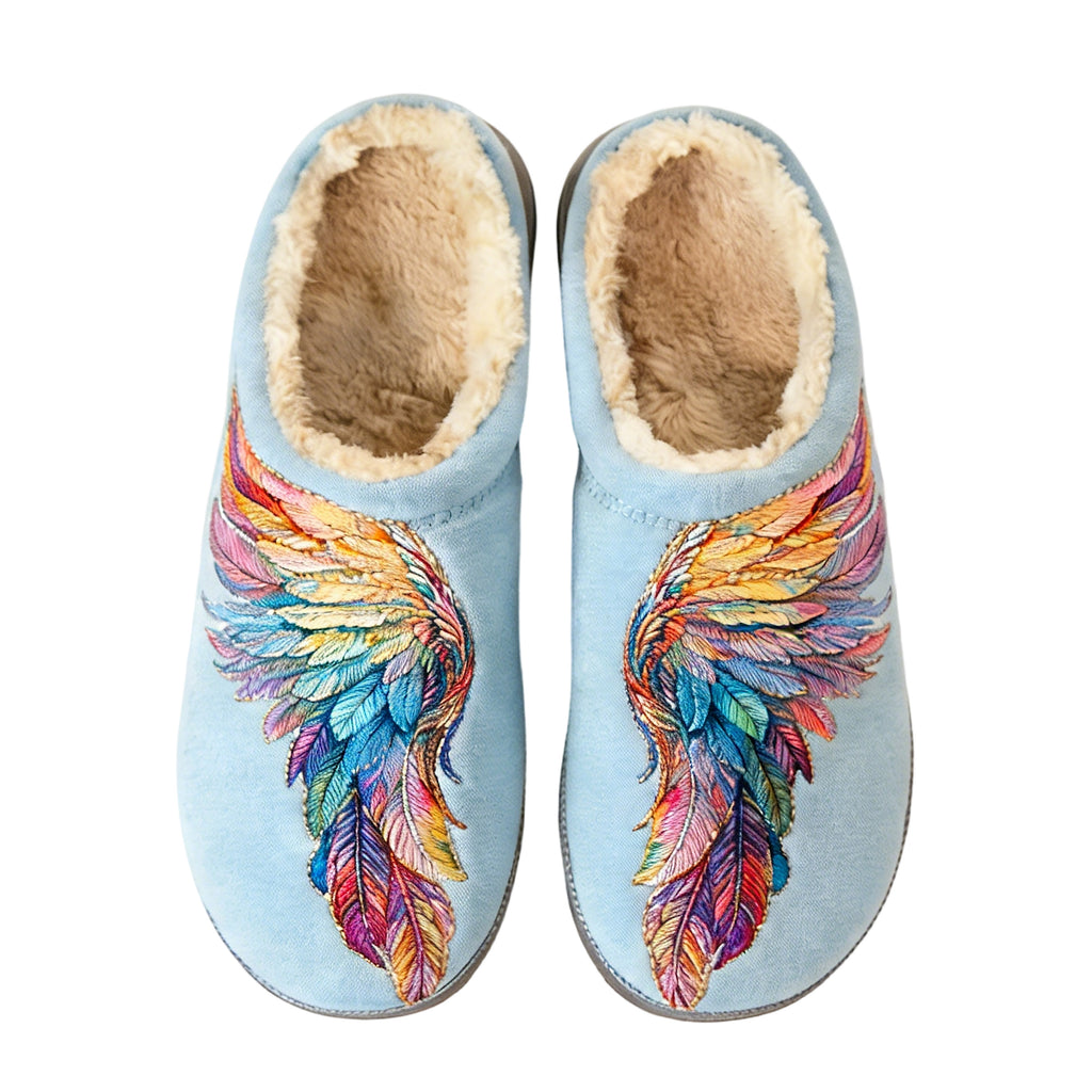 Sky Blue Rainbow Wing Embroidery Plush Printed Slippers