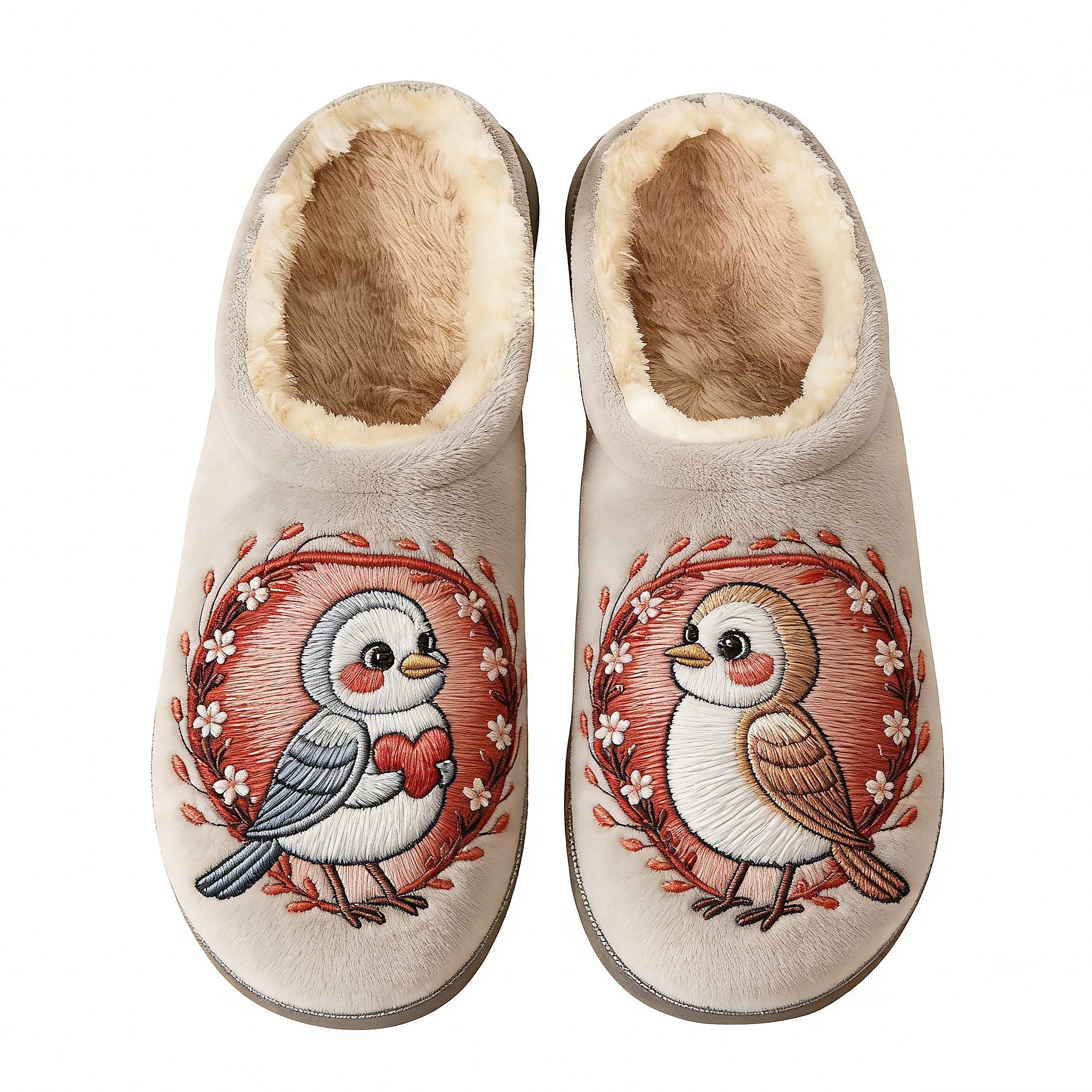Neutral Tone Love Bird Couple Embroidery Plush Printed Slippers
