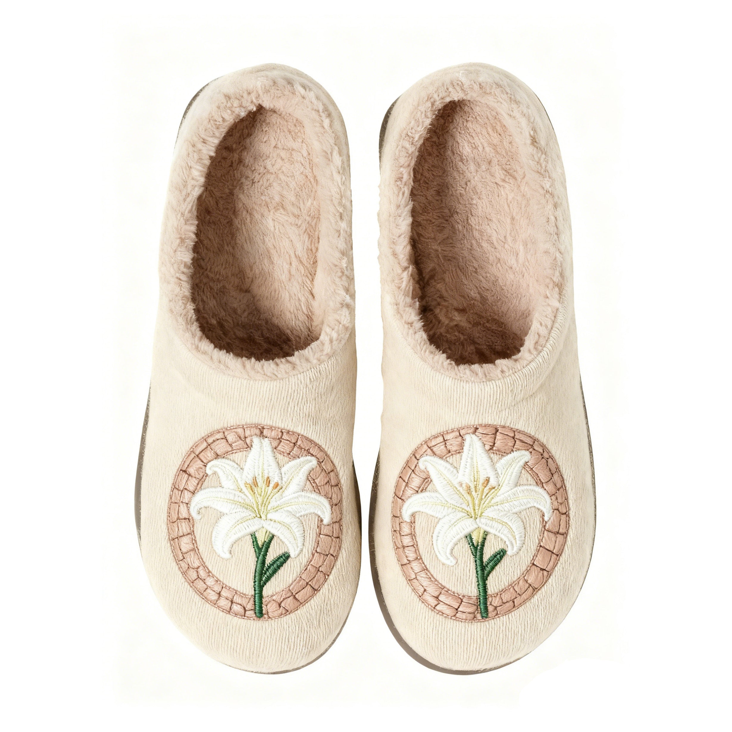 White Lily Embroidery Plush Printed Slippers