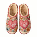 Floral "I Love You" Heart Embroidery Plush Printed Slippers