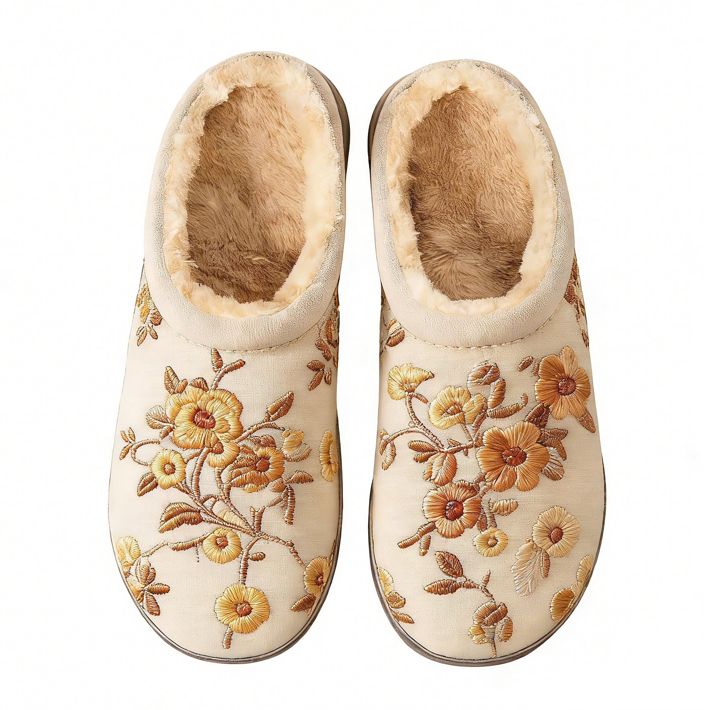 Golden Petal Cream Floral  Embroidery Plush Printed Slippers