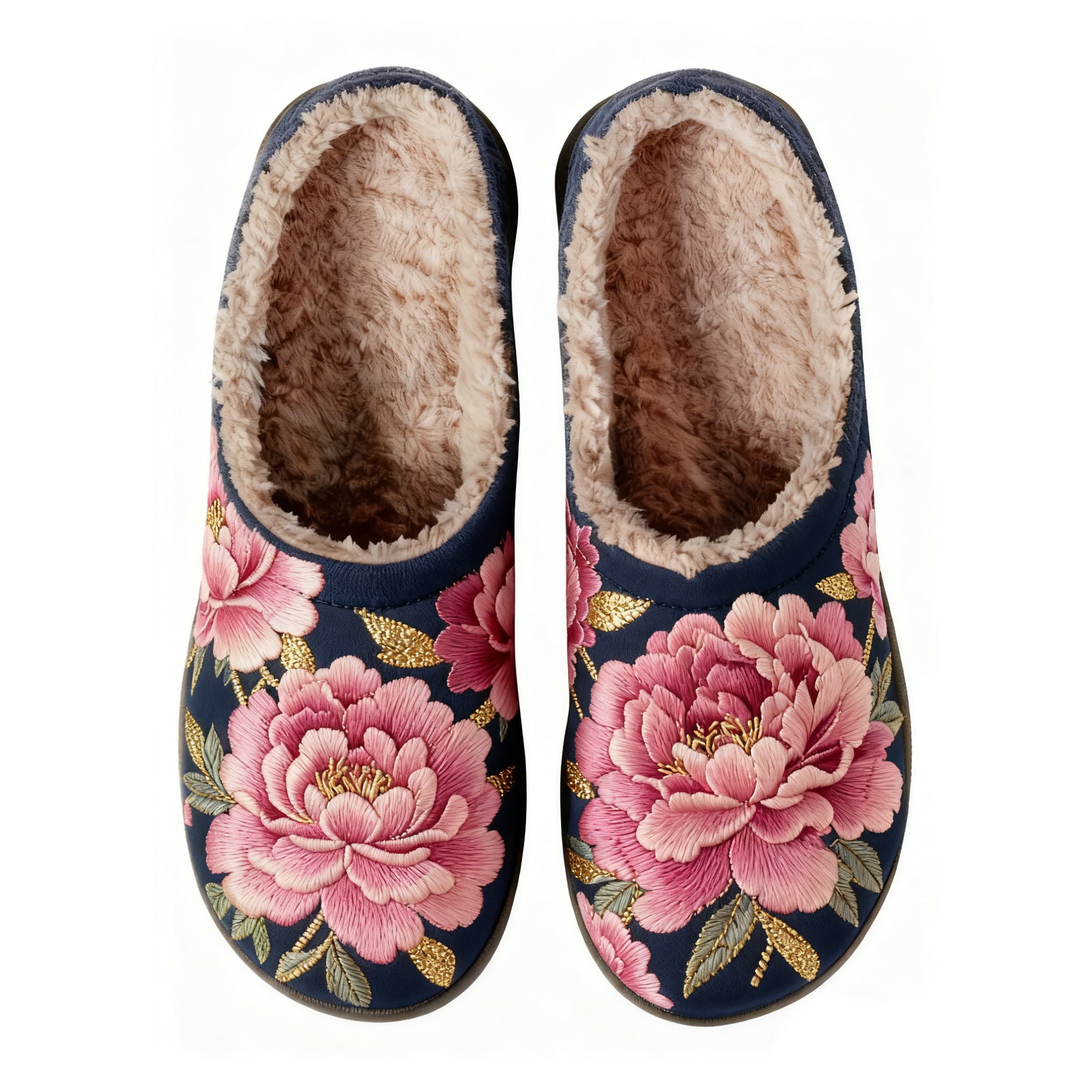 Pink Peony in Bloom Embroidery Plush Printed Slippers