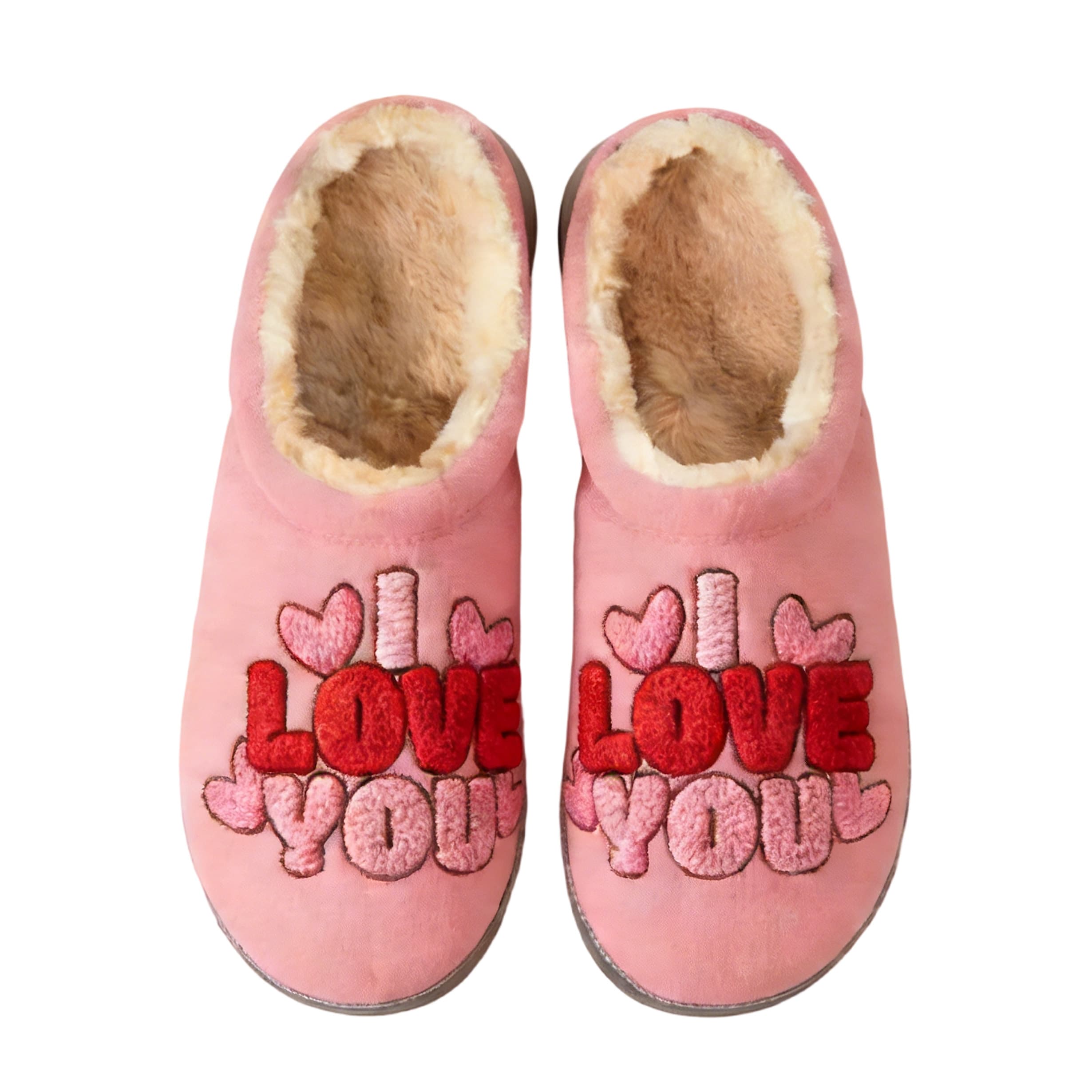 Pink "I Love You" HeartEmbroidery Plush Printed Slippers
