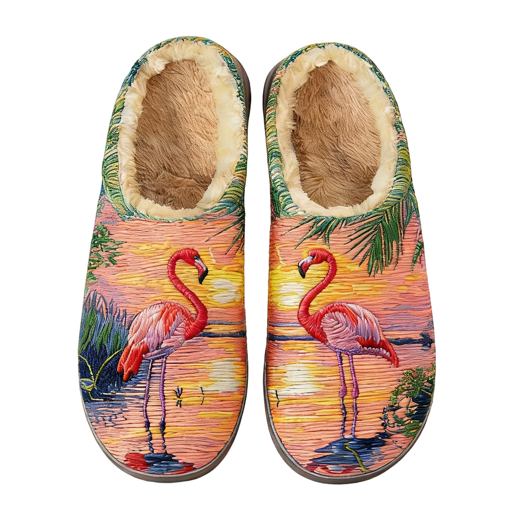 Flamingo Sunset Scene Embroidery Plush Printed Slippers