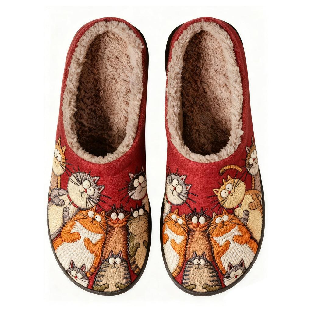 Curious Cats Embroidery Plush Printed Slippers