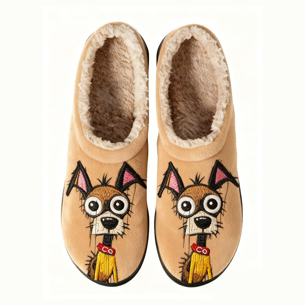 Triangle-Eared Dog Embroidery Plush Printed Slippers
