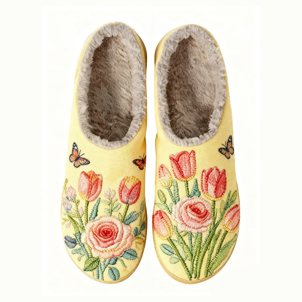Roses and Tulips Embroidery Plush Printed Slippers