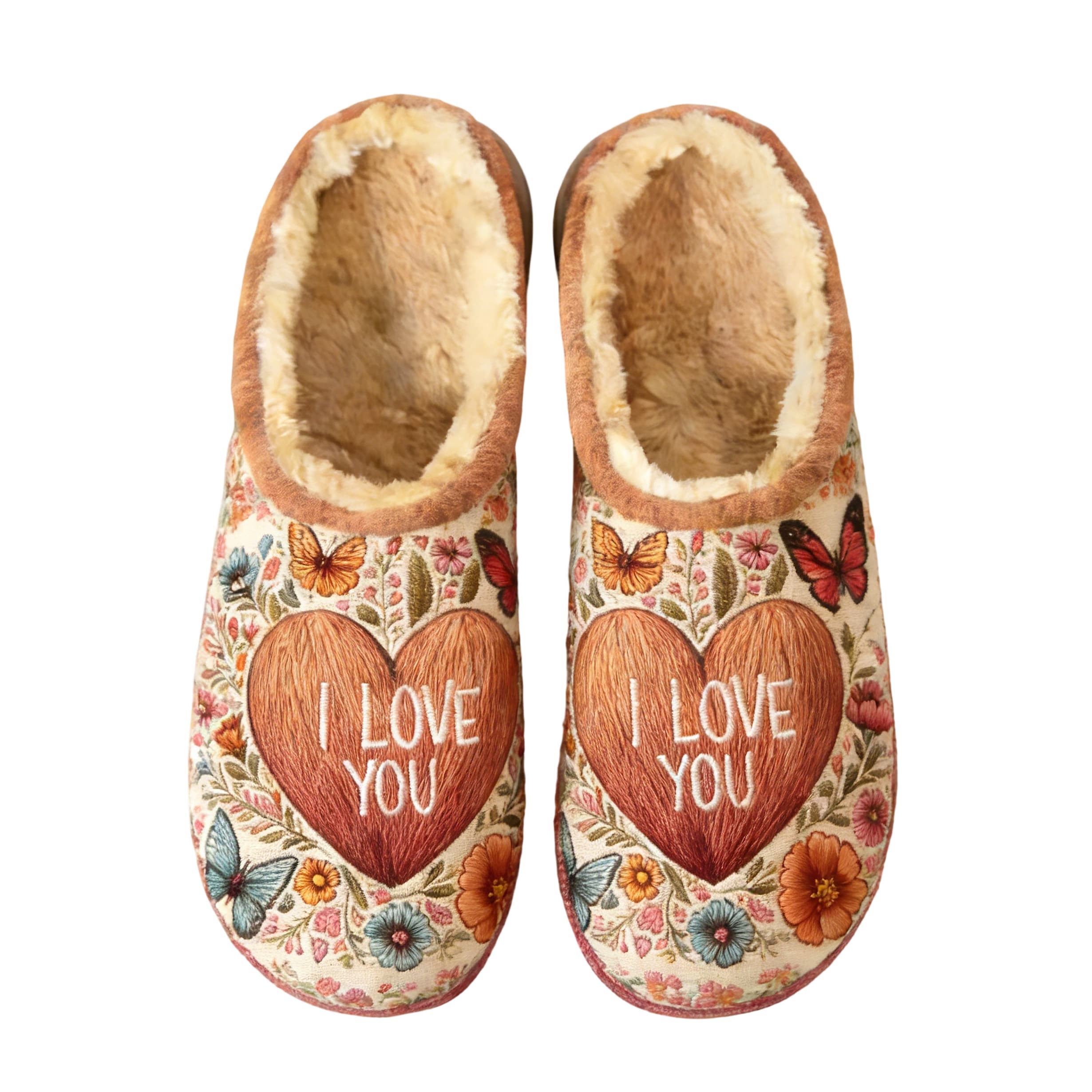 Brown Floral "I Love You" Heart Embroidery Plush Printed Slippers