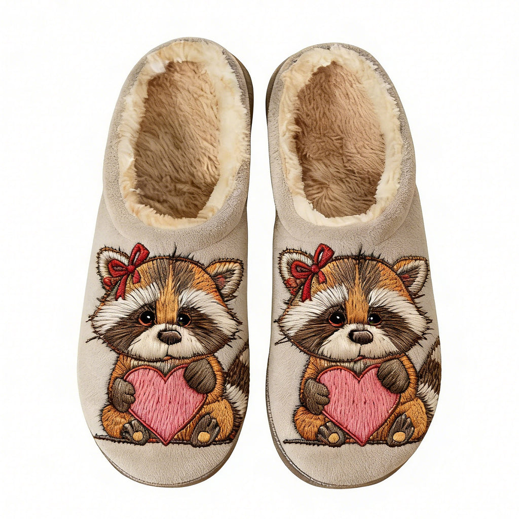 Raccoon Bow & Heart Embroidery Plush Printed Slippers