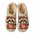 Raccoon Bow & Heart Embroidery Plush Printed Slippers