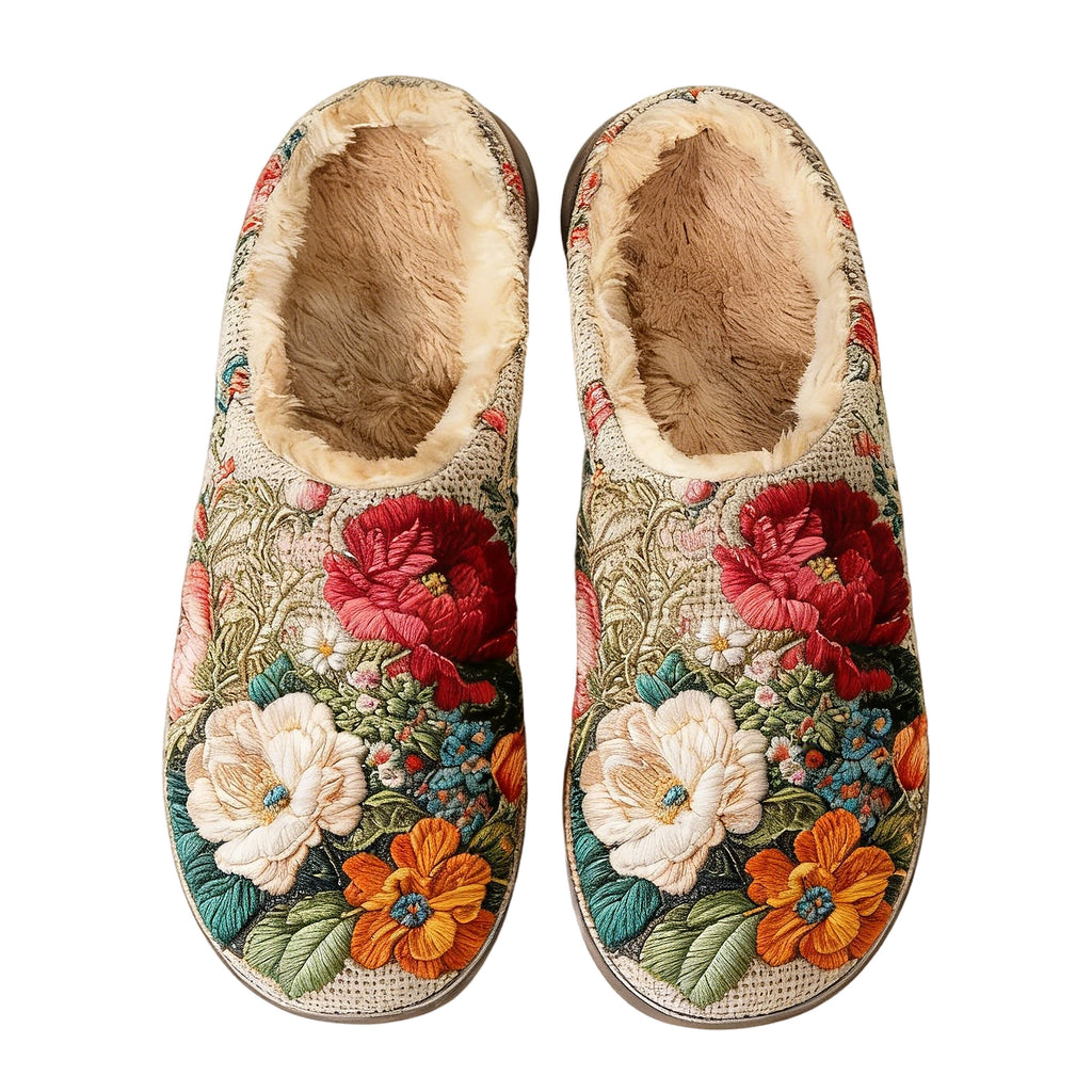 Botanical Garden Floral Embroidery Plush Printed Slippers
