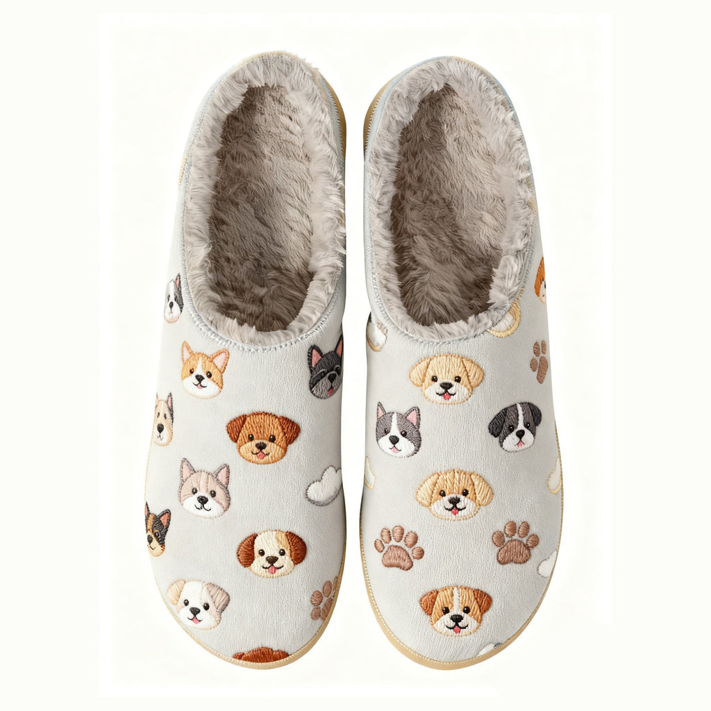 Puppy Stickers Embroidery Plush Printed Slippers