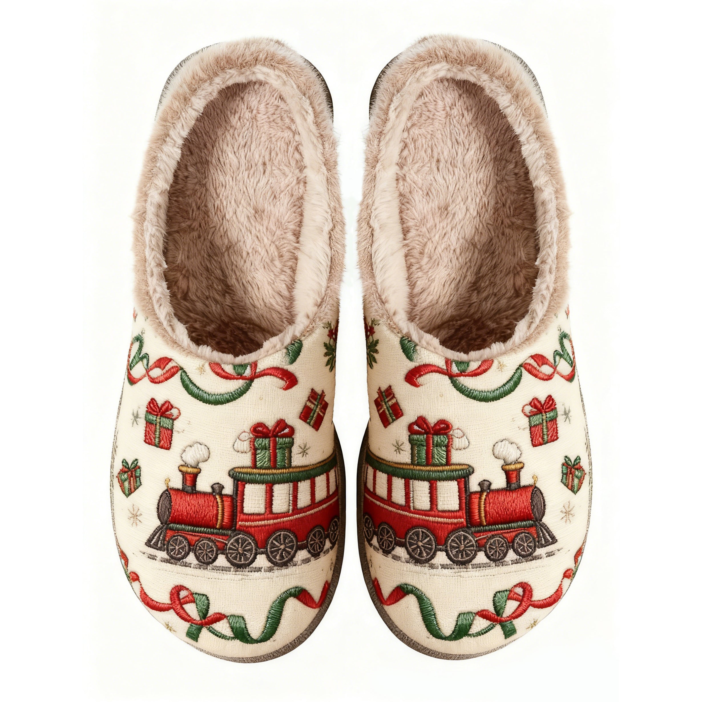 Christmas Train Embroidery Plush Printed Slippers