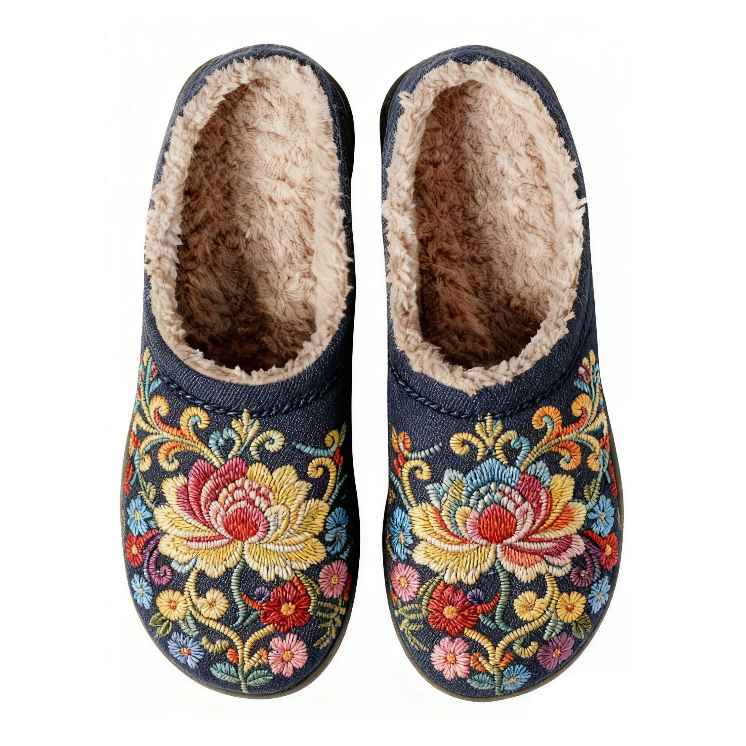 Lotus Totem Embroidery Blue Plush Printed Slippers