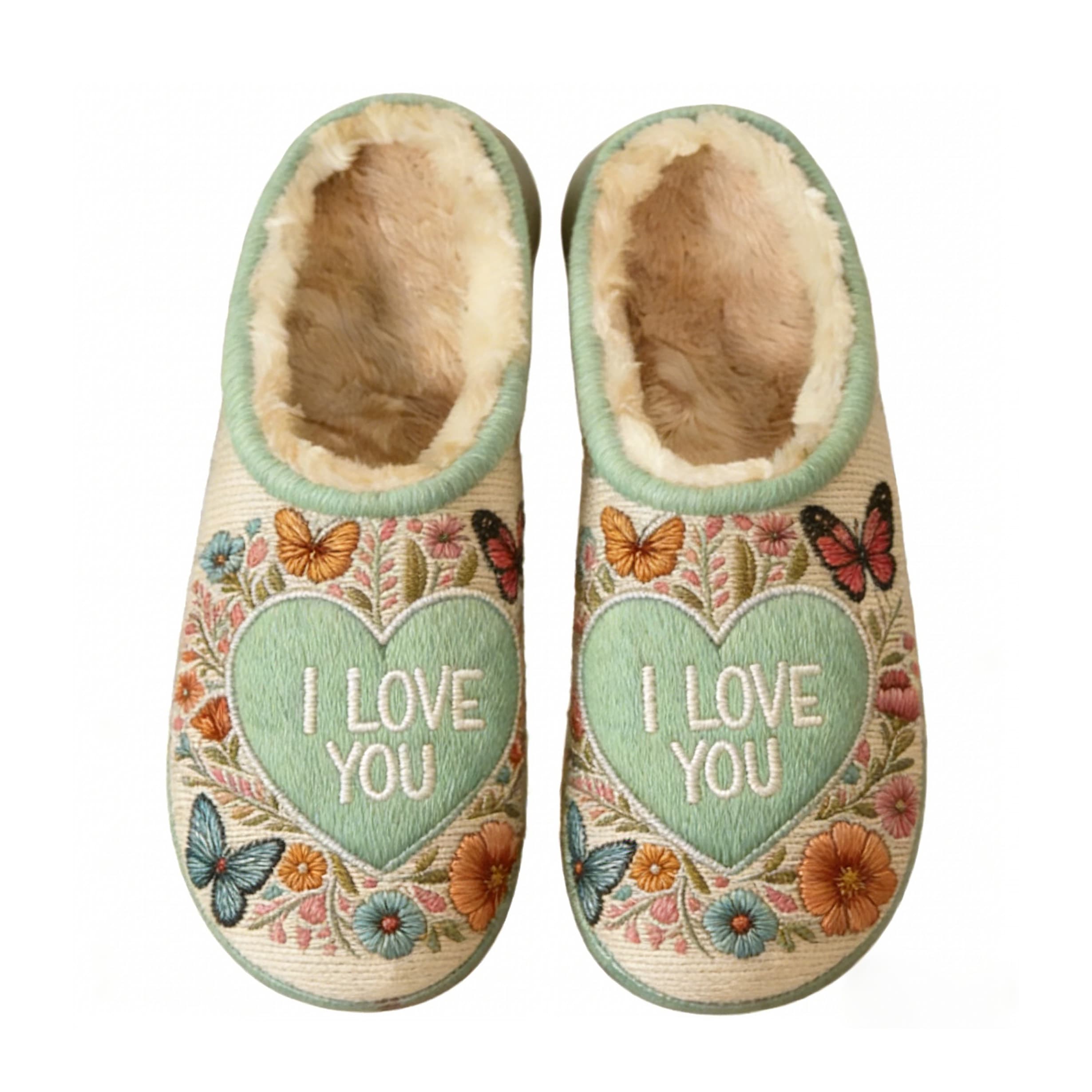 Mint Green Floral "I Love You" Heart Embroidery Plush Printed Slippers