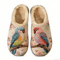 Soft Beige Parrot Couple Embroidery Plush Printed Slippers