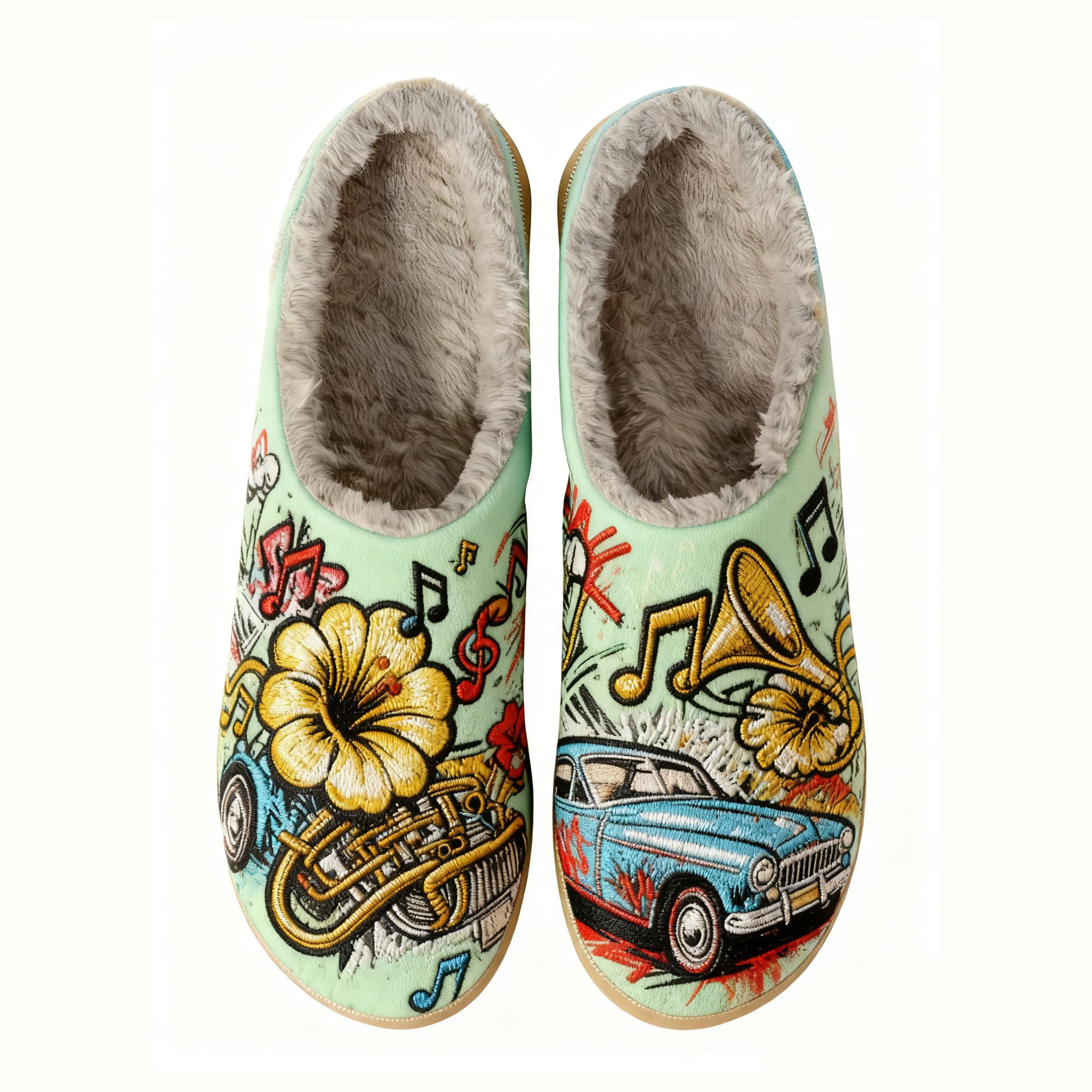 Music Race Car Embroidery Plush Printed Slippers