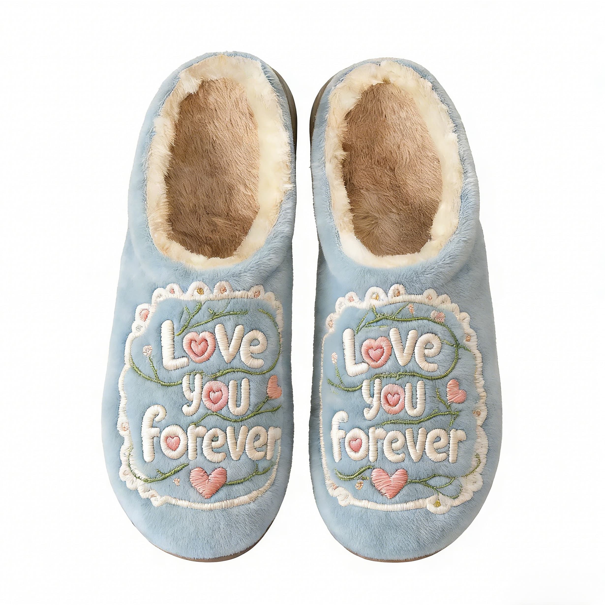 Light Blue "Love You Forever" Embroidery Plush Printed Slippers