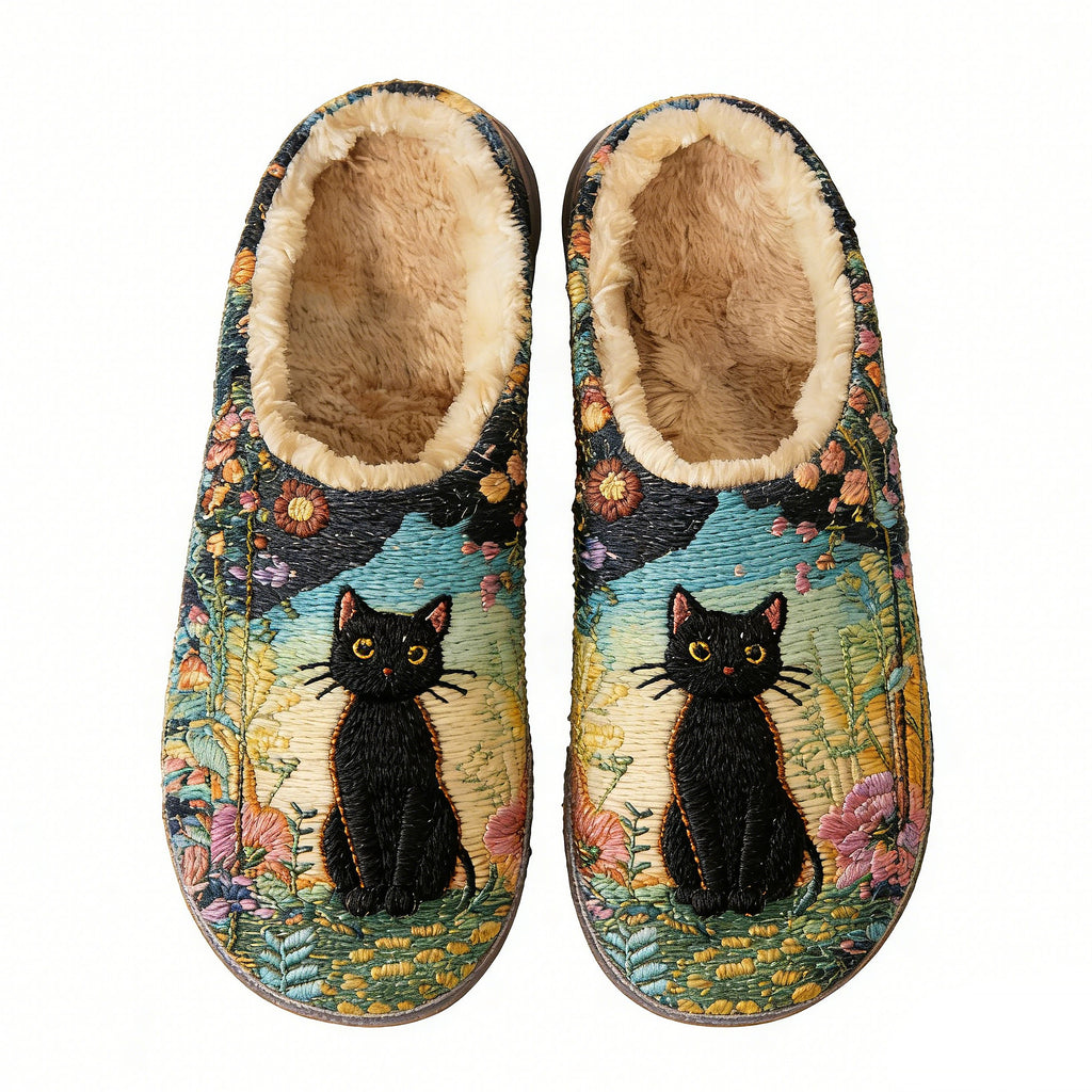 Black Cat Garden Embroidery Plush Printed Slippers