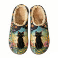 Black Cat Garden Embroidery Plush Printed Slippers
