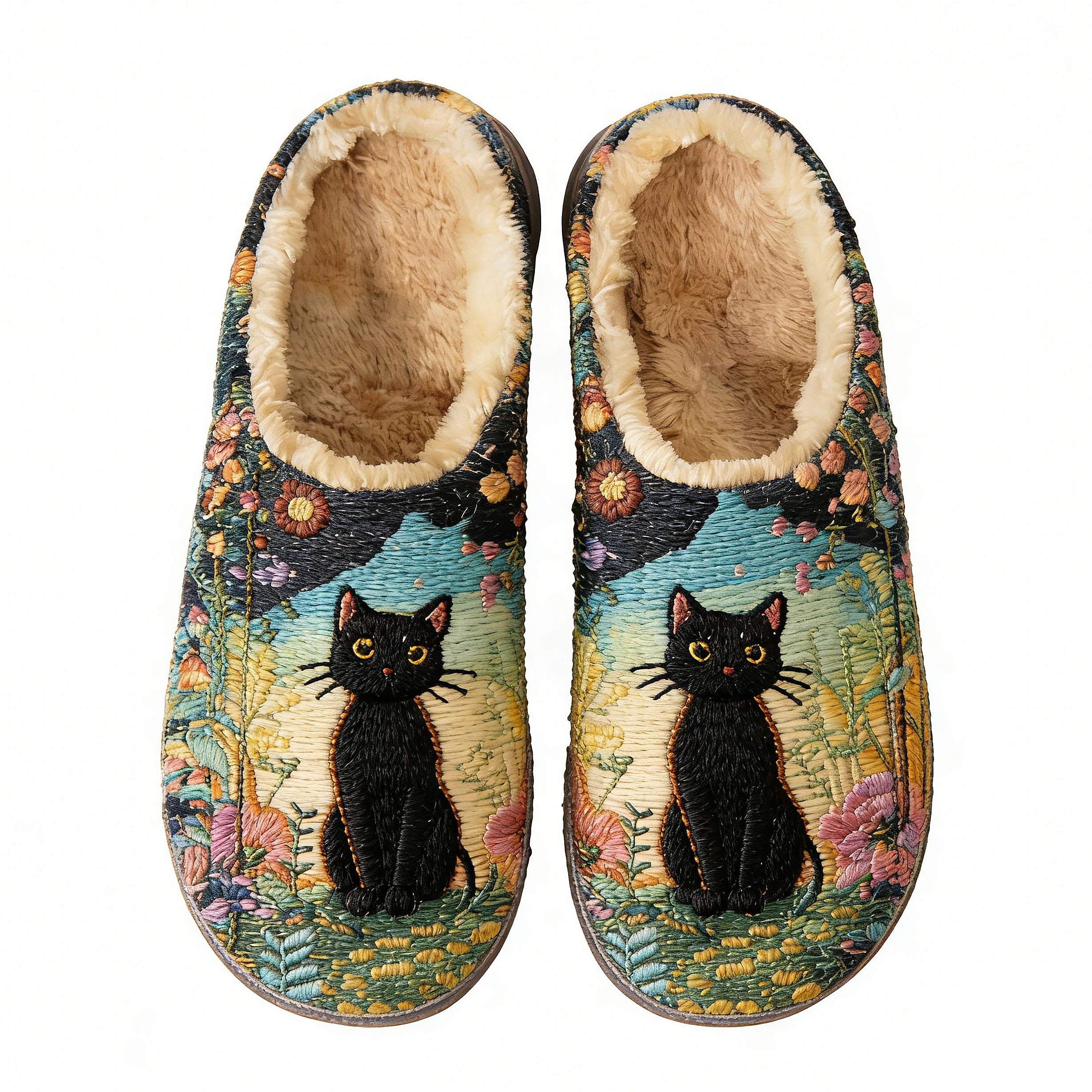 Black Cat Garden Embroidery Plush Printed Slippers
