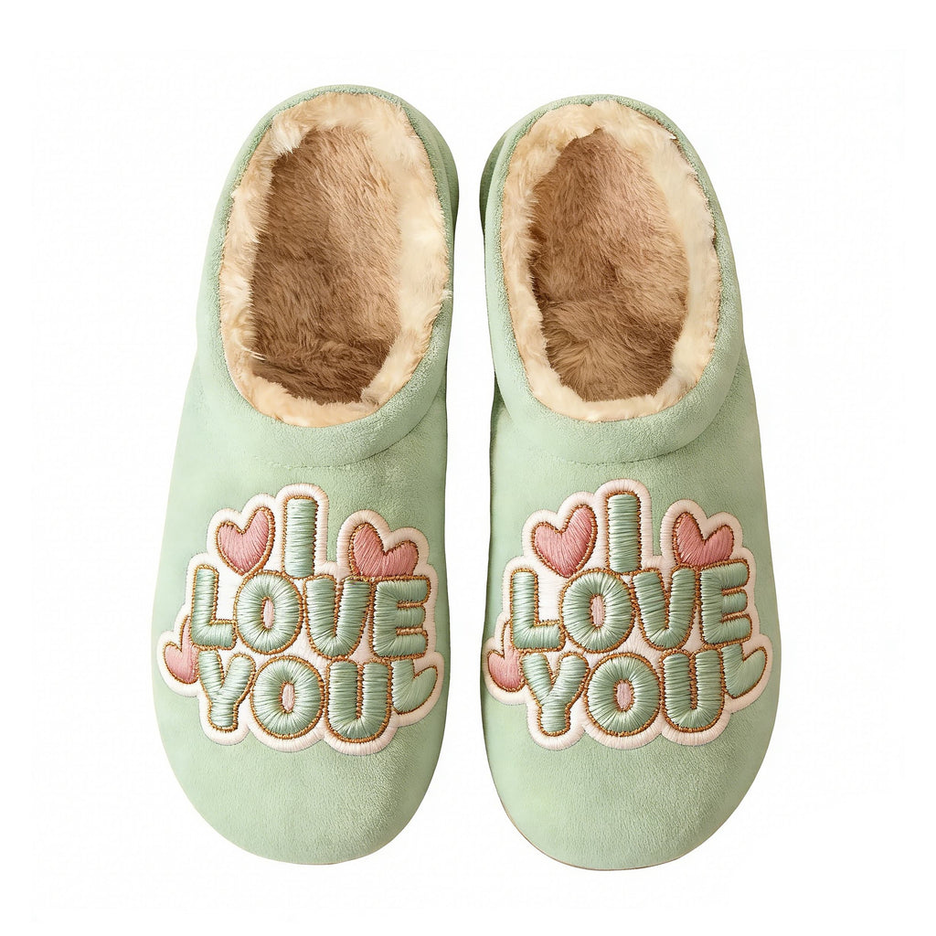 Mint Green Heart Embroidery Plush Printed Slippers