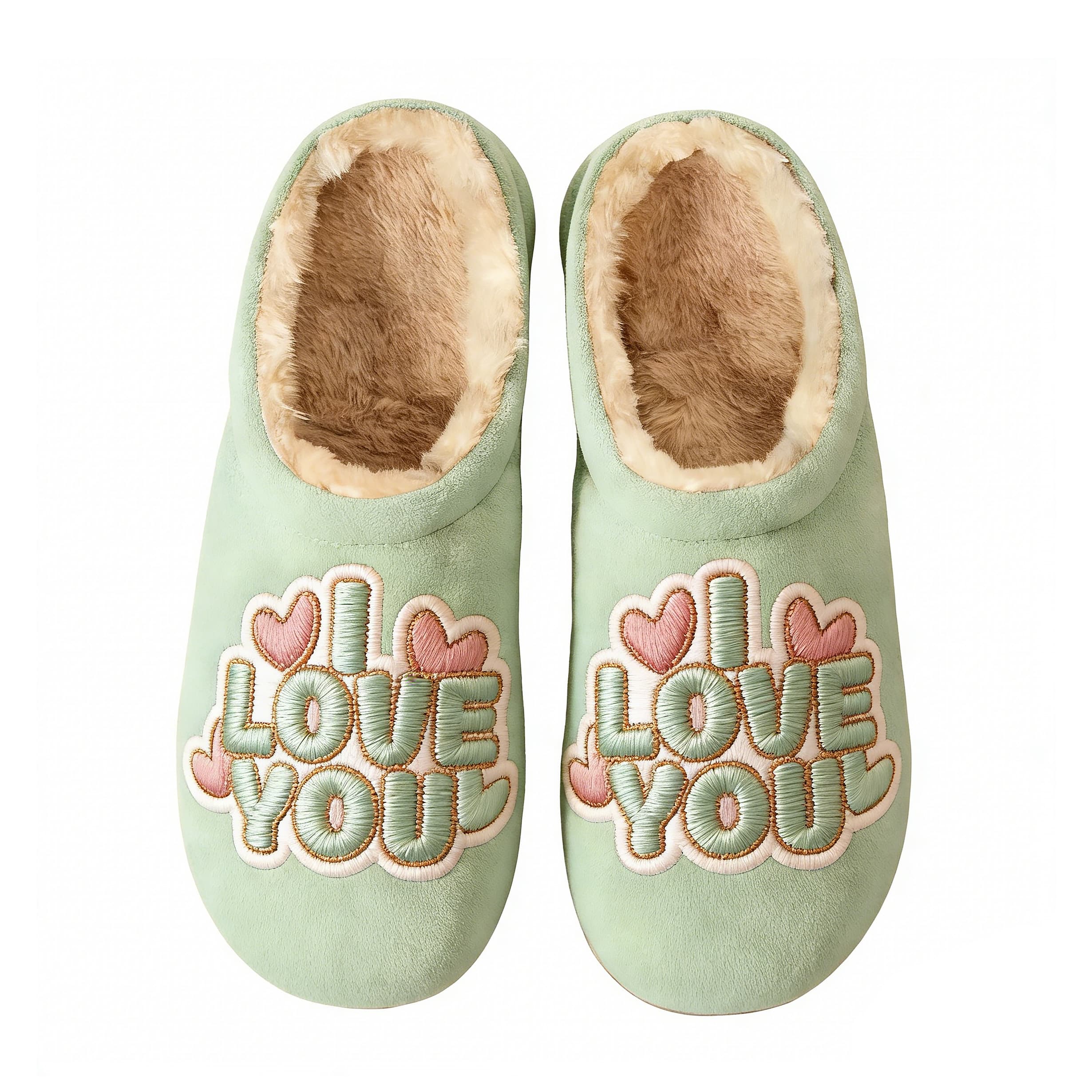 Mint Green Heart Embroidery Plush Printed Slippers