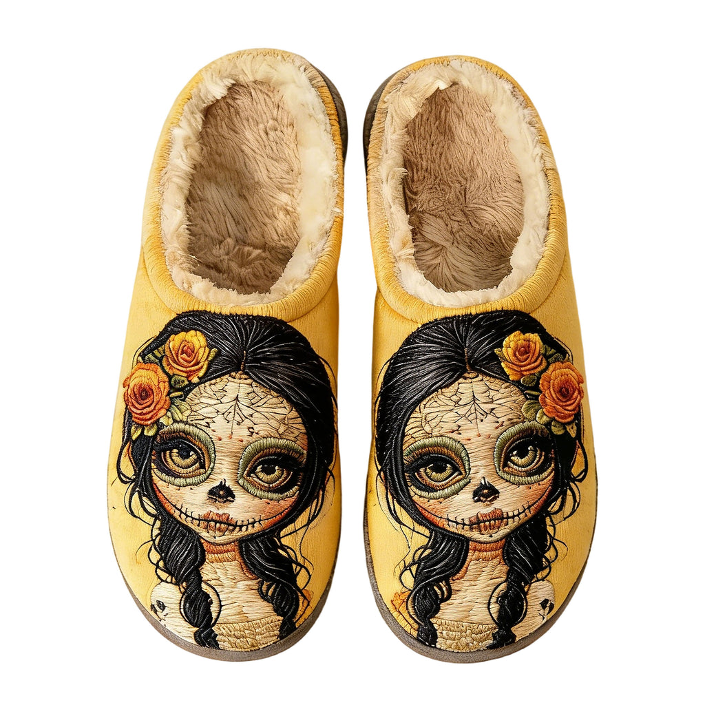 Sugar Skull Floral Embroidery Plush Printed Slippers