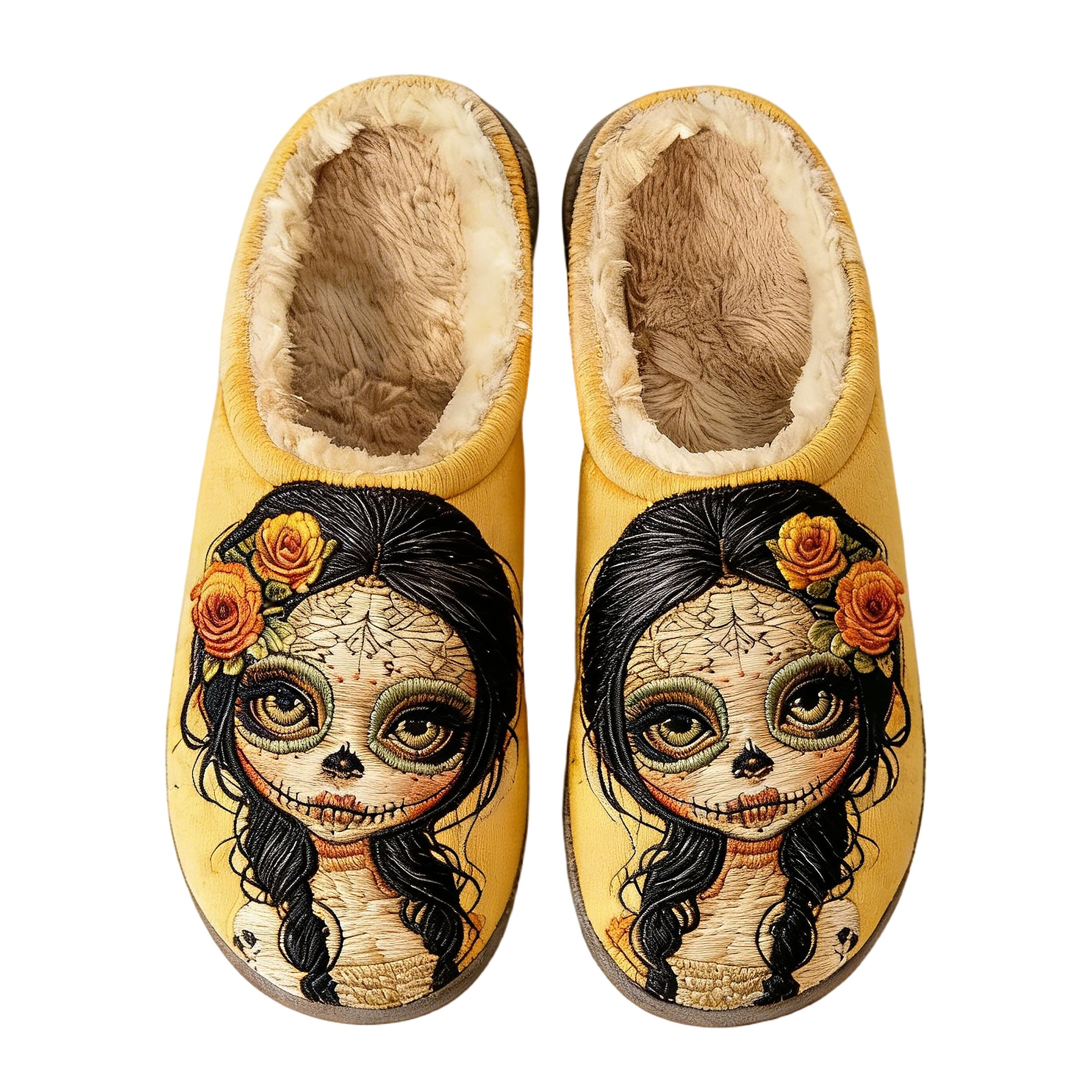 Sugar Skull Floral Embroidery Plush Printed Slippers