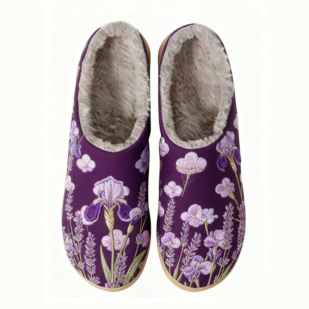 Purple Orchids and Lavender Embroidery Plush Printed Slippers