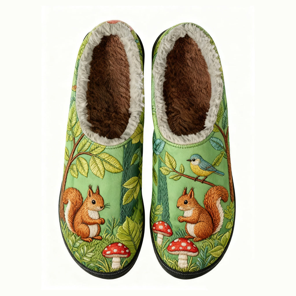 Squirrel and Mushrooms Embroidery Plush Printed Slippers