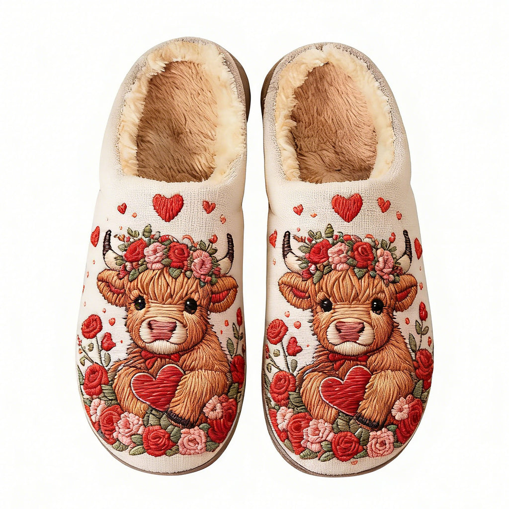 White Floral Crown Highland Cow Heart Embroidery Plush Printed Slippers