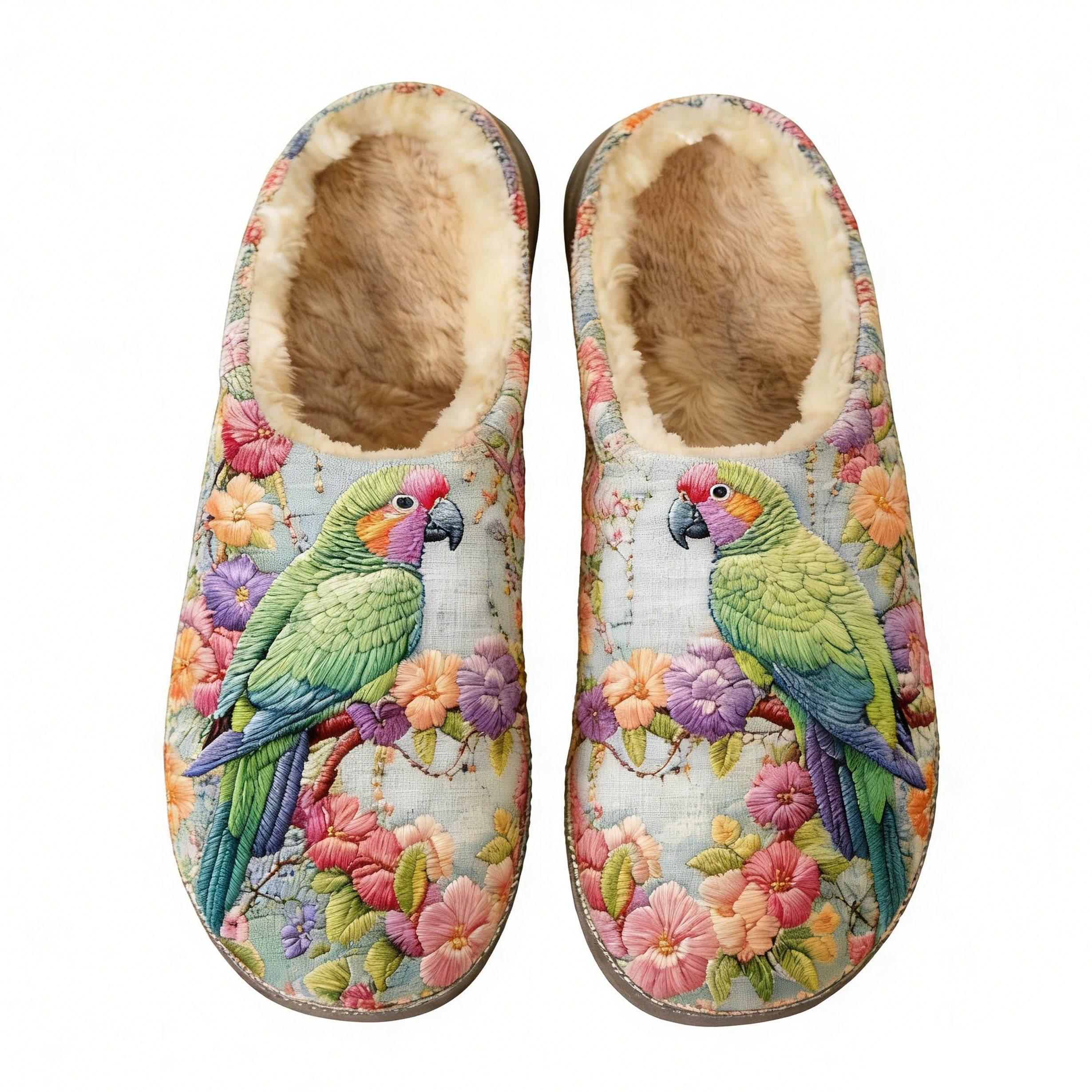 Tropical Parrot Floral Embroidery Plush Printed Slippers
