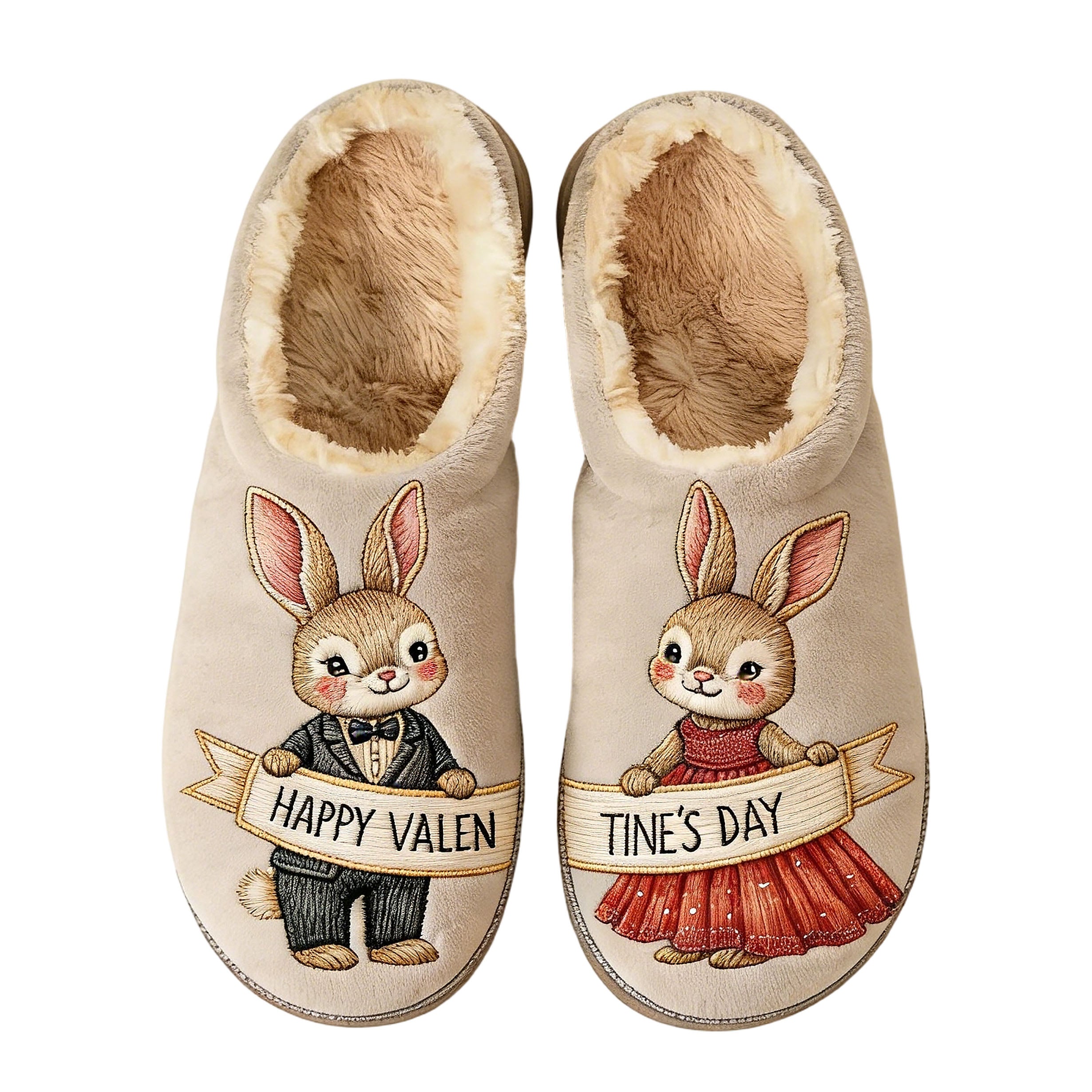 Valentine Bunny Couple Embroidery Plush Printed Slippers