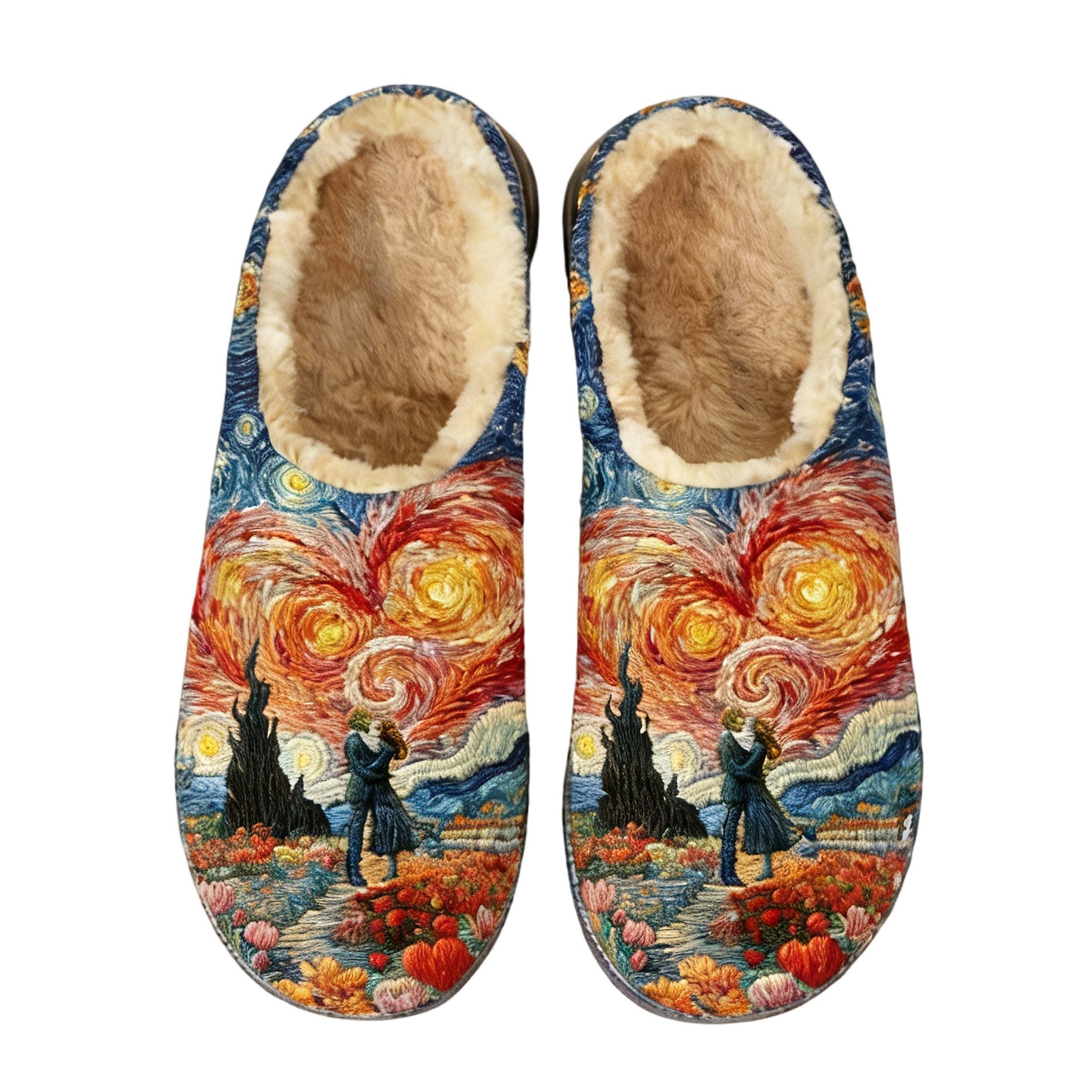 Starry Night Couple Embroidery Plush Printed Slippers