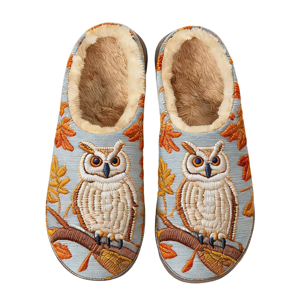 Autumn Owl & Leaf Embroidery Plush Printed Slippers