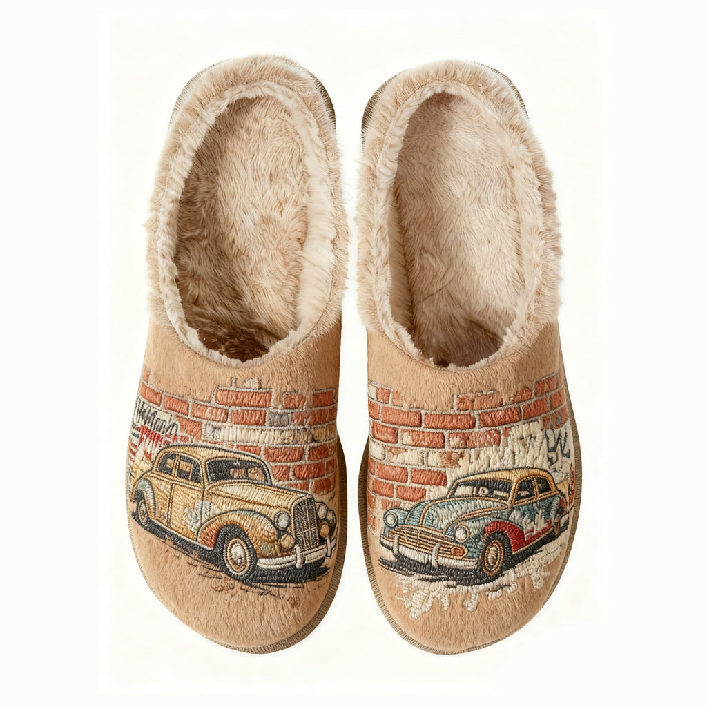 Vintage Car Embroidery Plush Printed Slippers