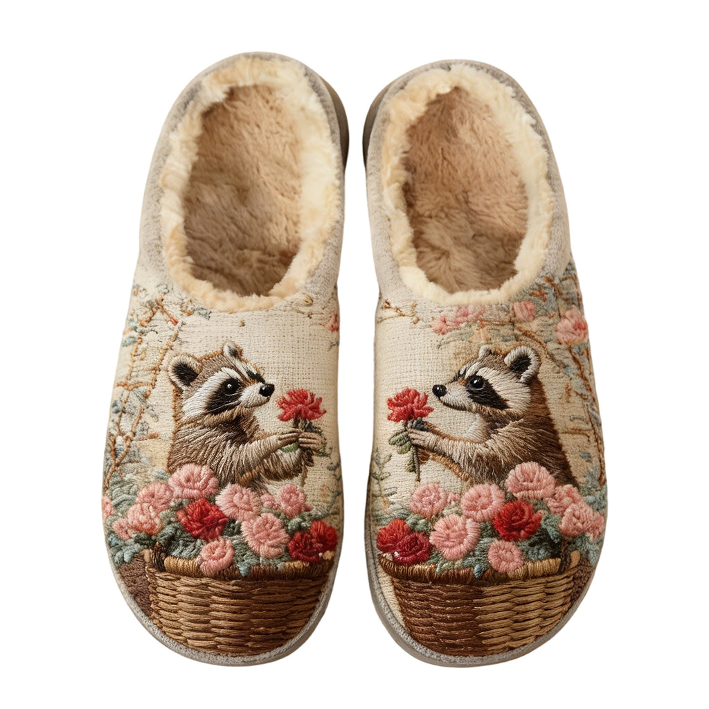 Raccoon Flower Basket Couple Embroidery Plush Printed Slippers