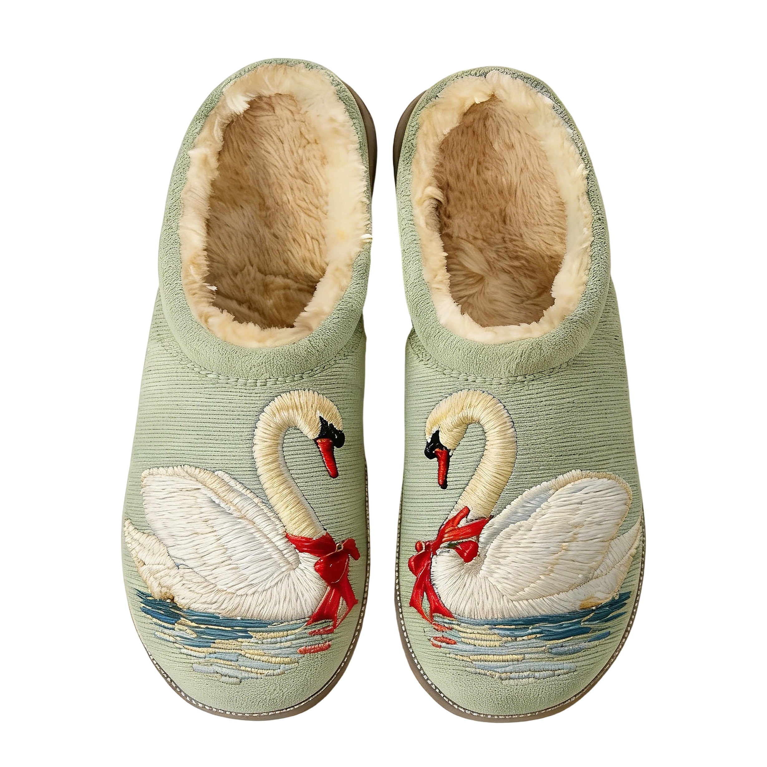 Sage Swan Ribbon Couple Embroidery Plush Printed Slippers