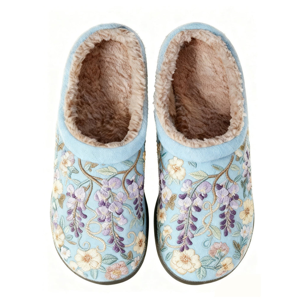 Spring Wisteria Embroidery Plush Printed Slippers