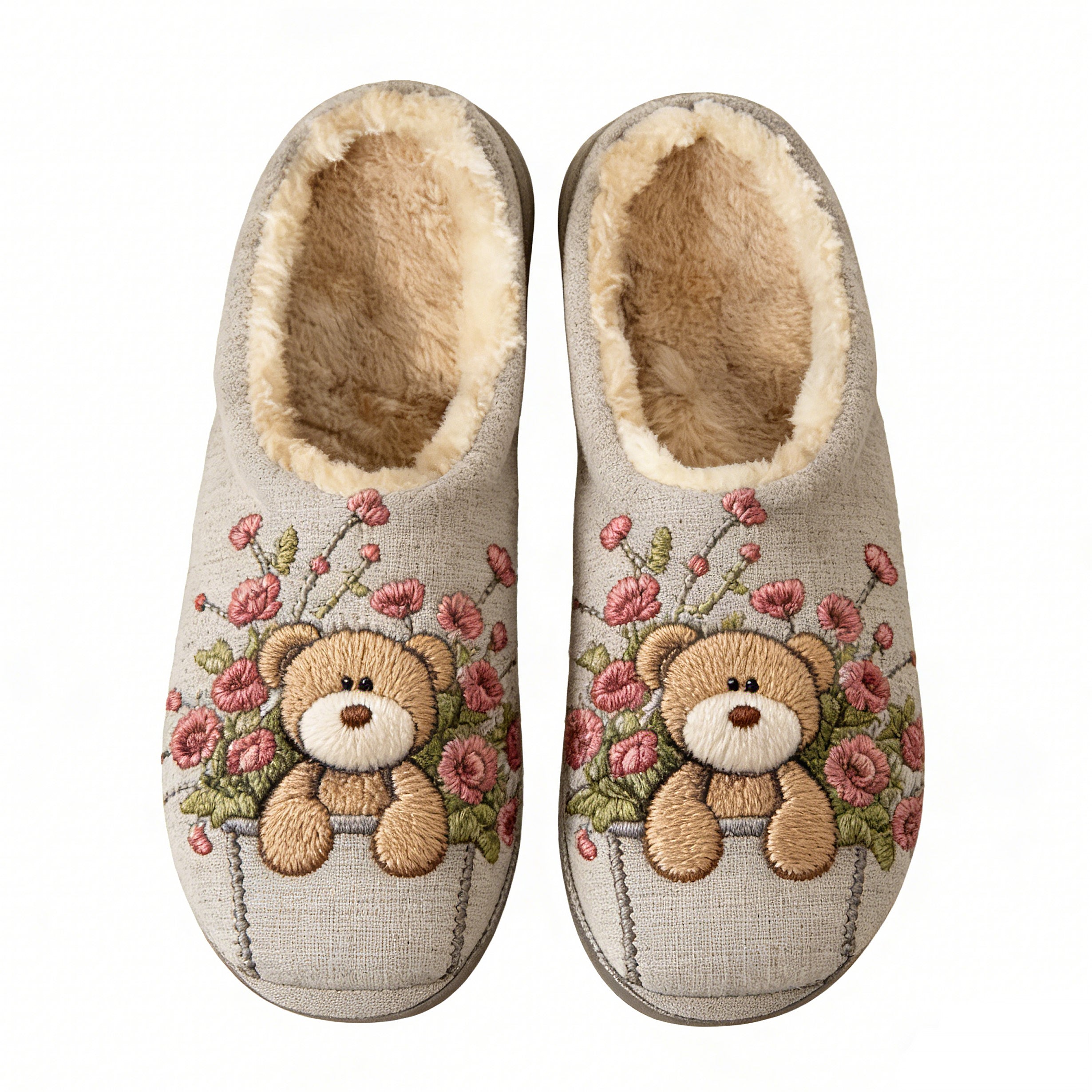 Teddy Bear Flower Pot Embroidery Plush Printed Slippers