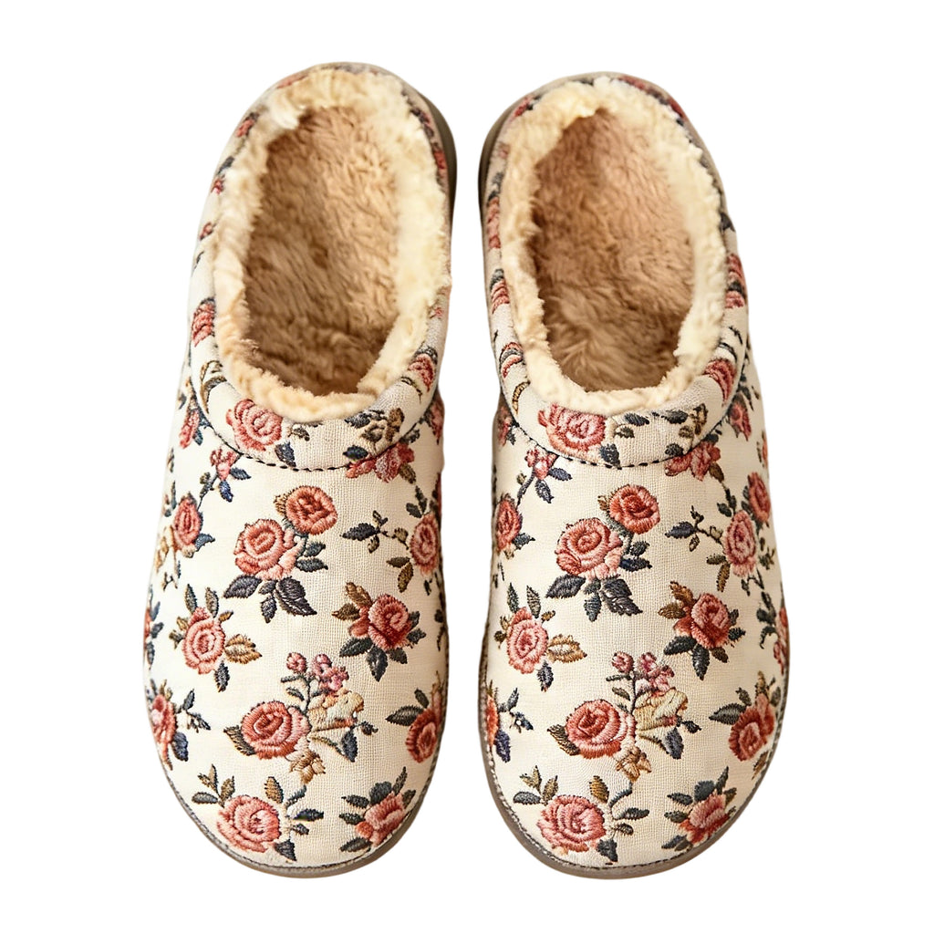 Vintage Rose Print Embroidery Plush Printed Slippers