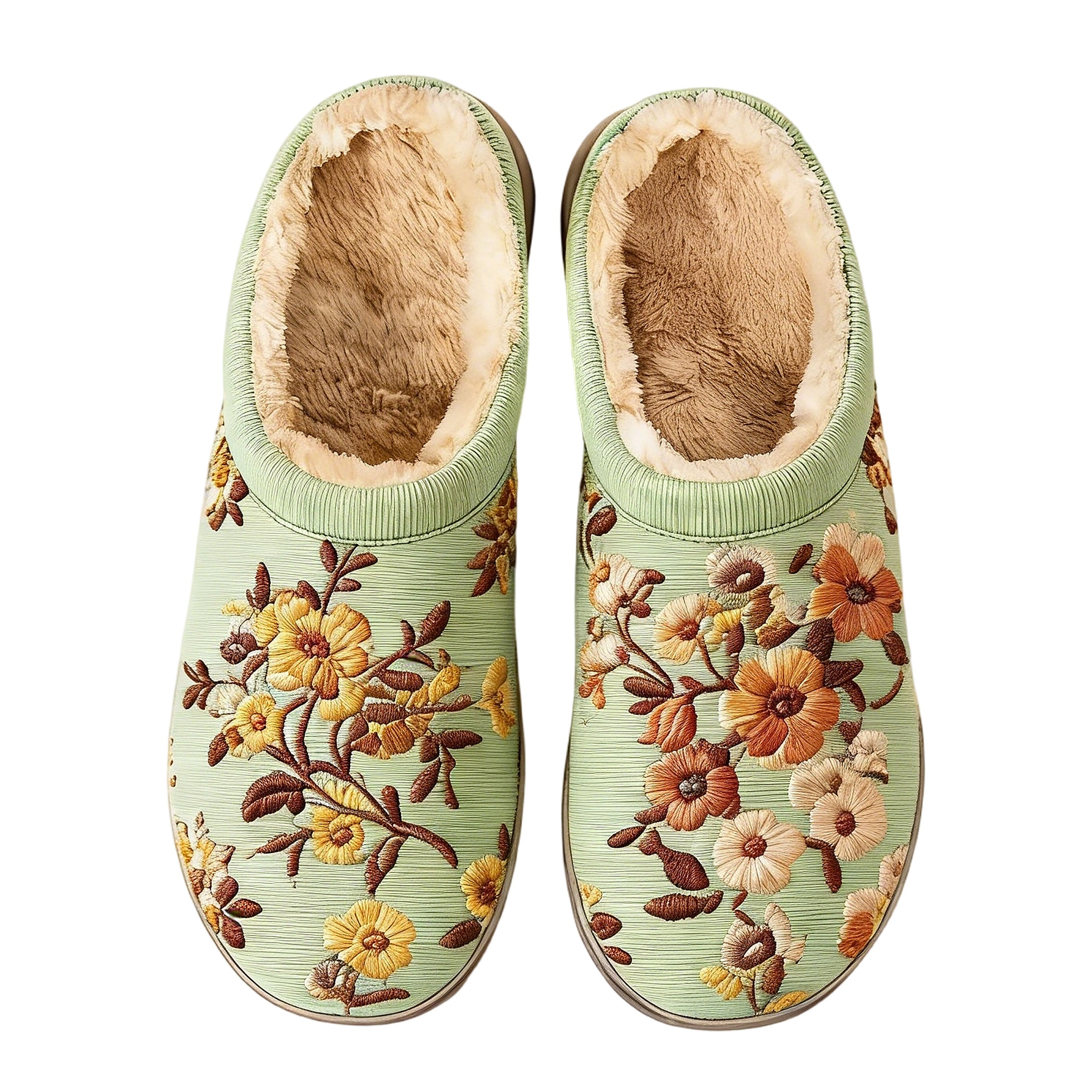 Garden Breeze Light Green Floral Embroidery Plush Printed Slippers