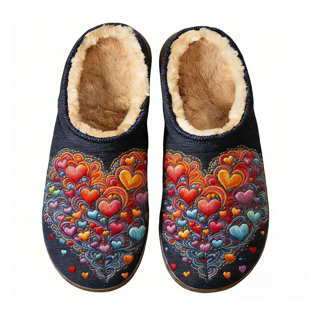 Navy Rainbow Heart Embroidery Plush Printed Slippers