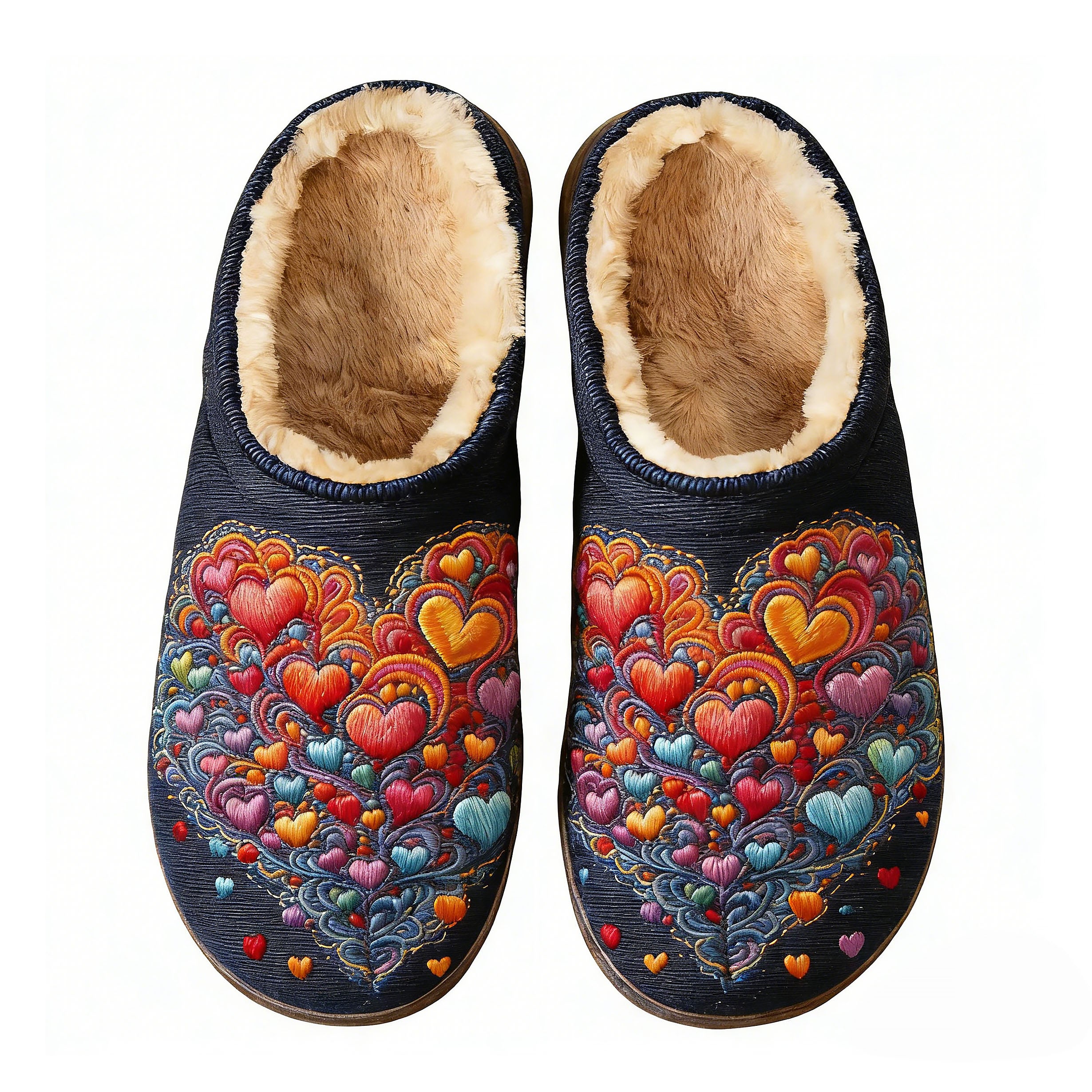 Navy Rainbow Heart Embroidery Plush Printed Slippers