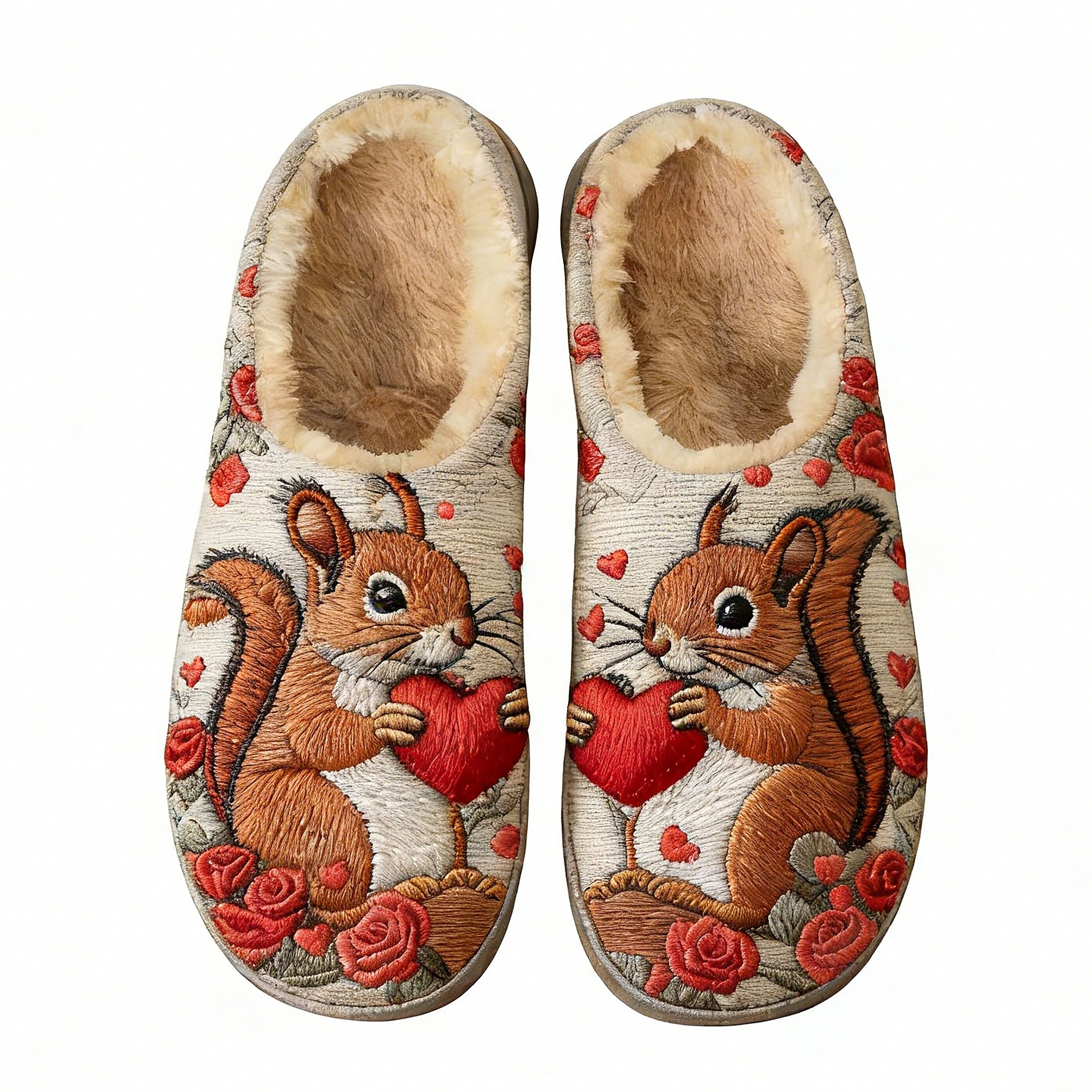 Squirrel Heart Bouquet Embroidery Plush Printed Slippers