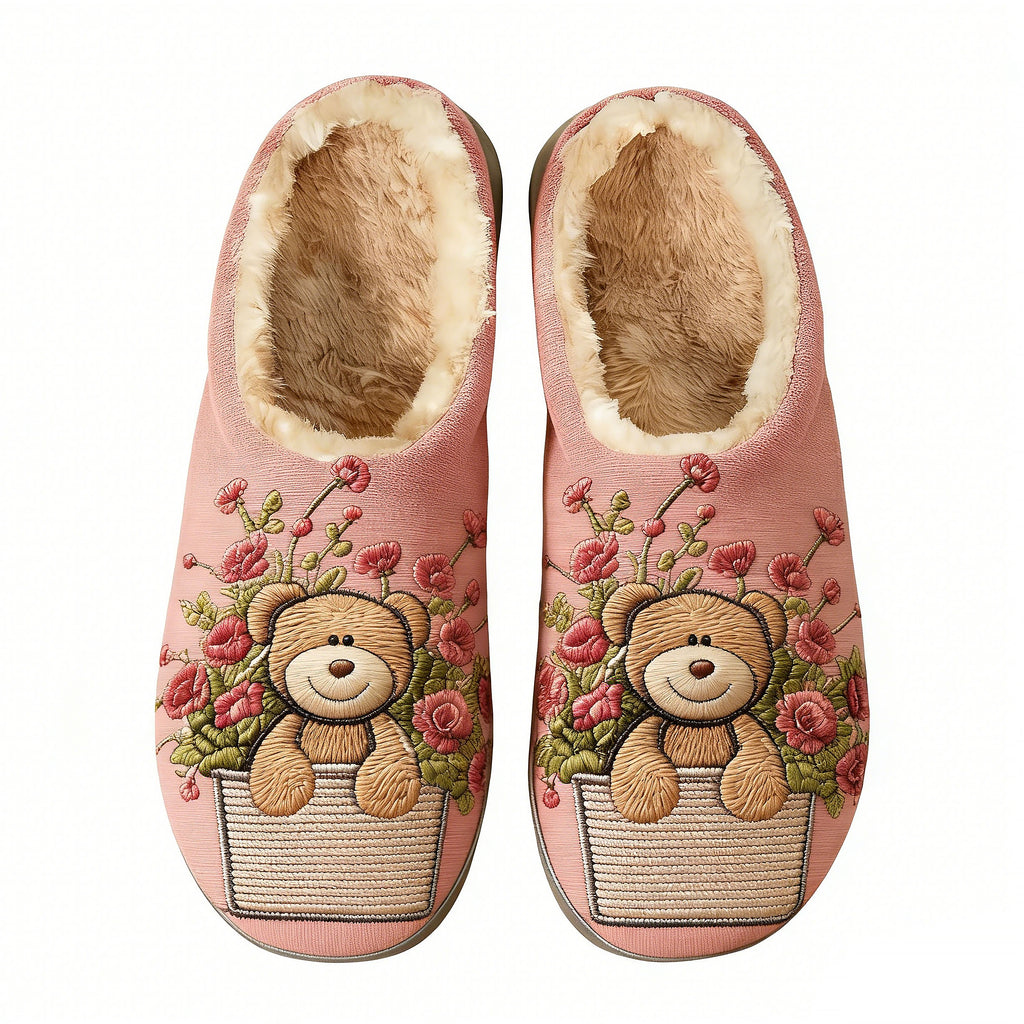 Blush Teddy Bear Flower Pot Embroidery Plush Printed Slippers