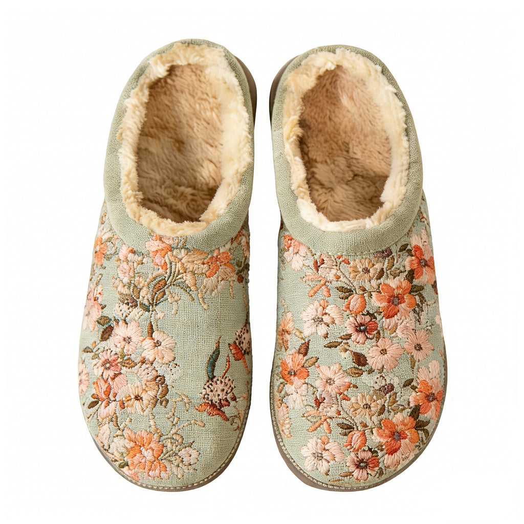 Sage & Blush Floral Embroidery Plush Printed Slippers