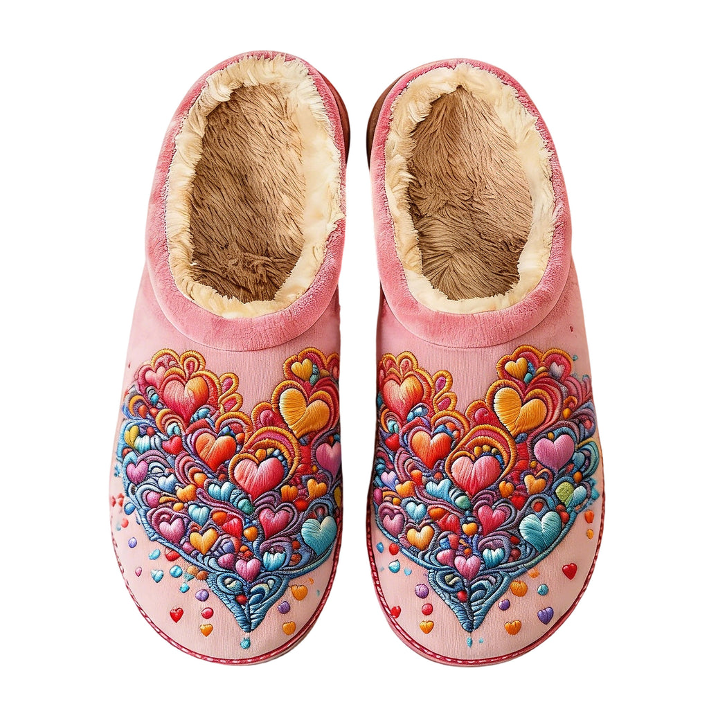 Pastel Pink Rainbow Heart Embroidery Plush Printed Slippers